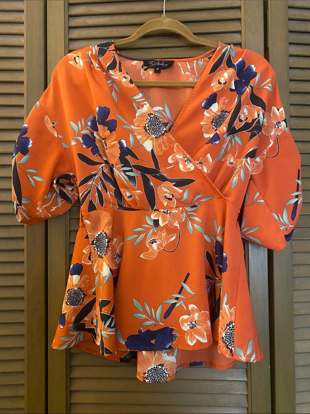 RD & koko Orange Floral Wrap Peplum Blouse